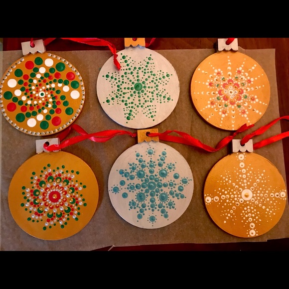 Six Hand painted Dot Mandala Christmas Ornaments - Picture 1 of 7